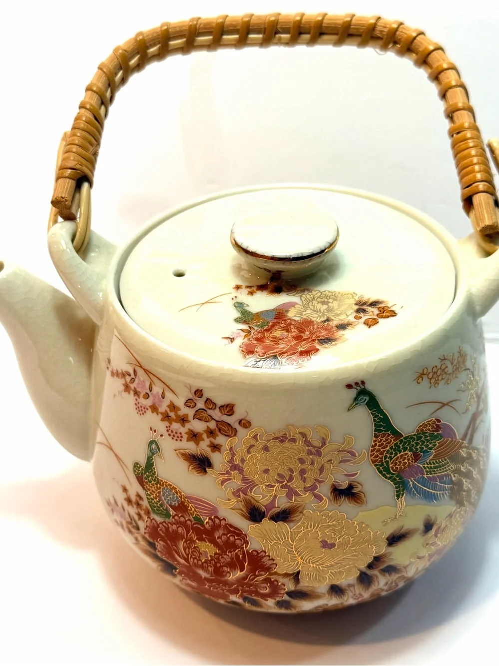 Vintage Peacock and Floral Teapot in Cream with Gold Accents